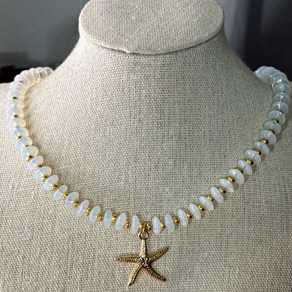 White Gemstone Beaded Gold Plated Starfish Pendant Necklace